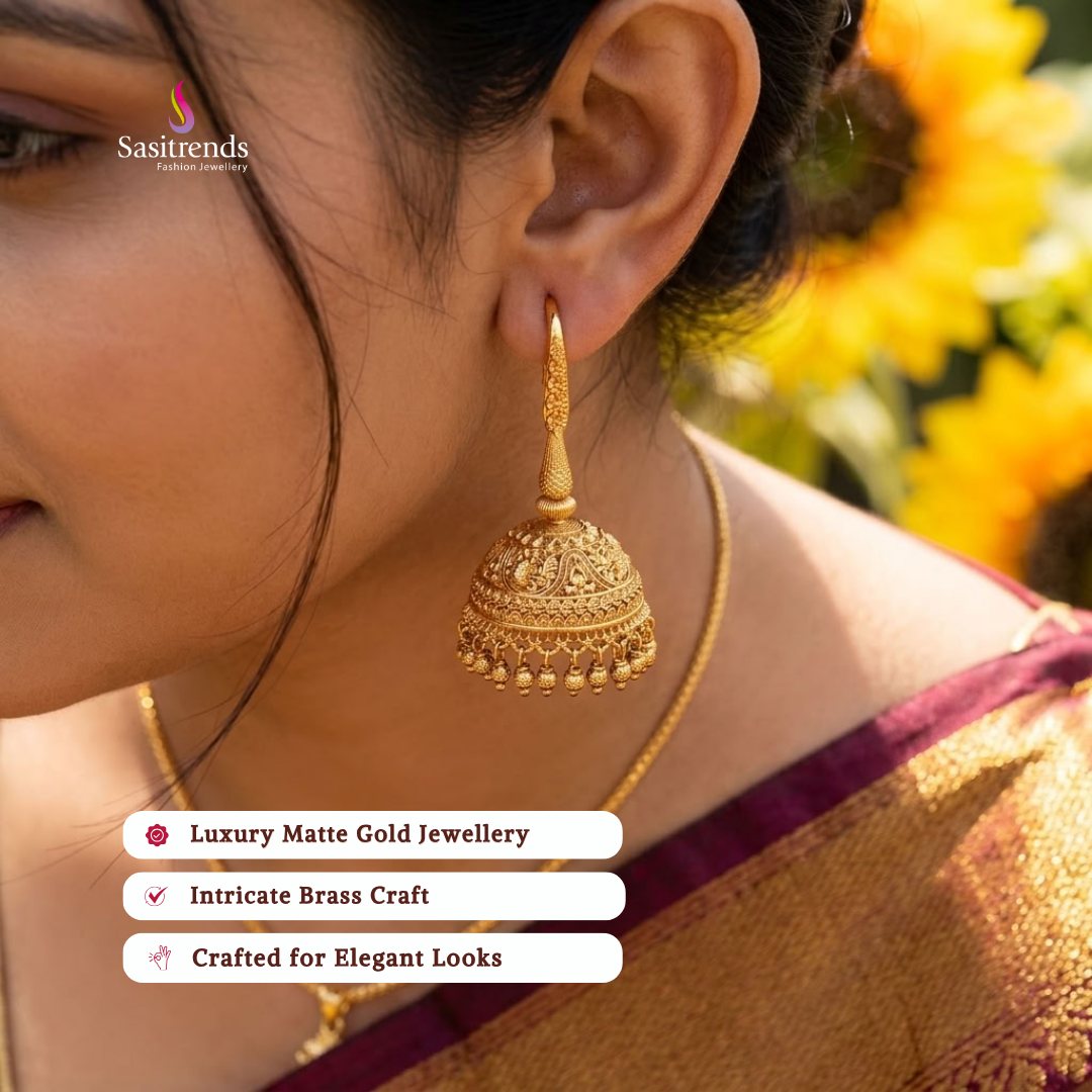 Traditional Matte Gold Plated Temple Jhumka Earrings with Ornate Floral Fishhook Design - Sasitrends