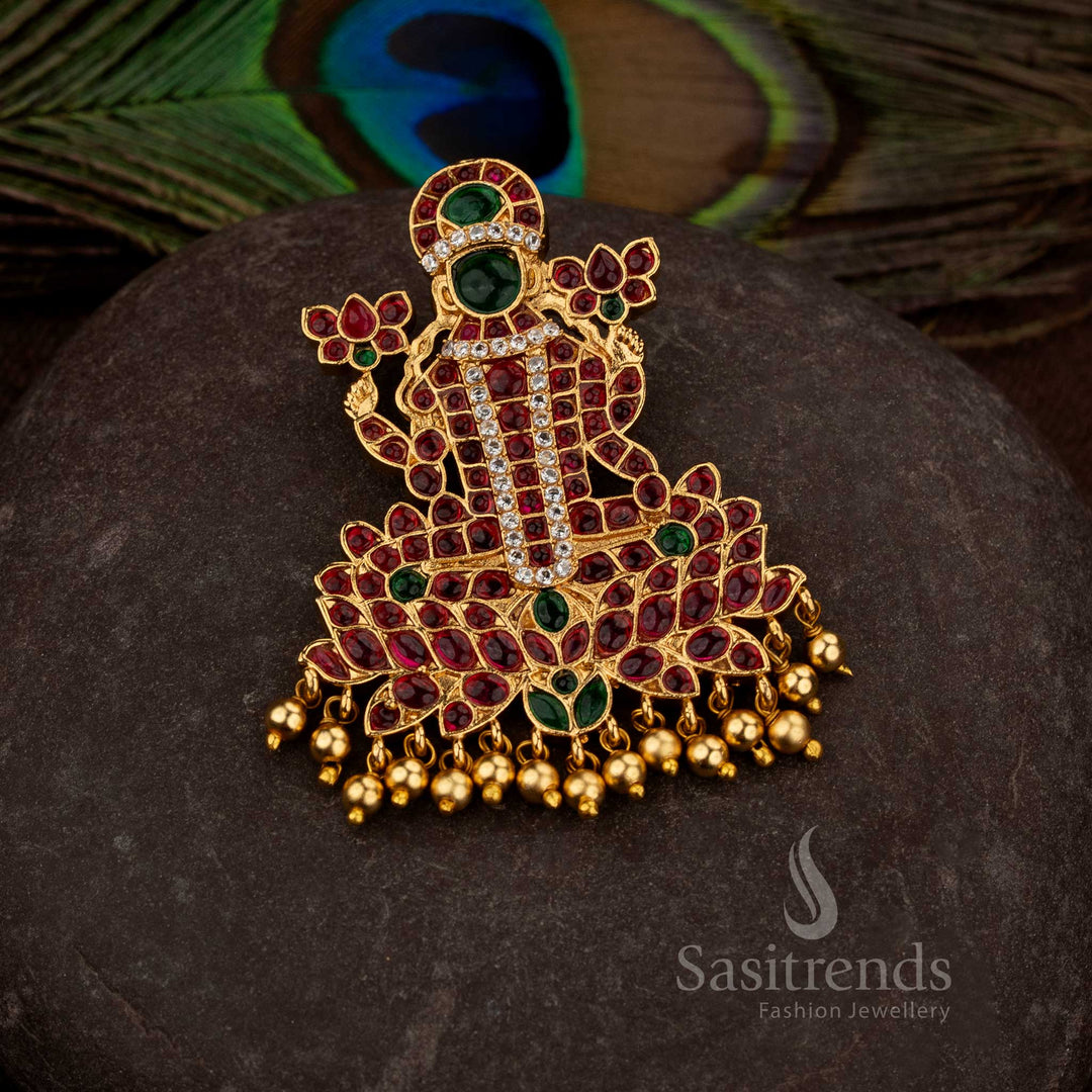 Temple matte gold plated Goddess Lakshmi Devi pendant with ruby red, emerald green and American Diamond stones, traditional devotional temple jewellery with rich premium look - Sasitrends