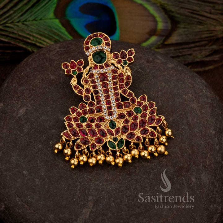 Devotional Premium Temple Matte Gold Plated Goddess Lakshmi Devi AD Stone Studded Pendant with Hanging Beads