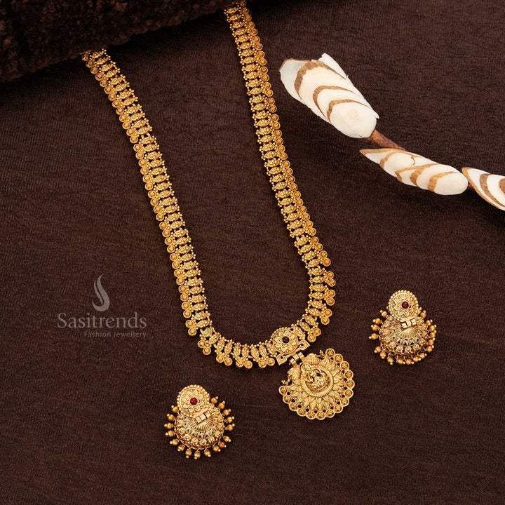Traditional Wear Classic Temple Matte Gold Plated Long Haram Necklace Jewellery Set with Lakshmi Pendant and Jhumka Earrings - Sasitrends