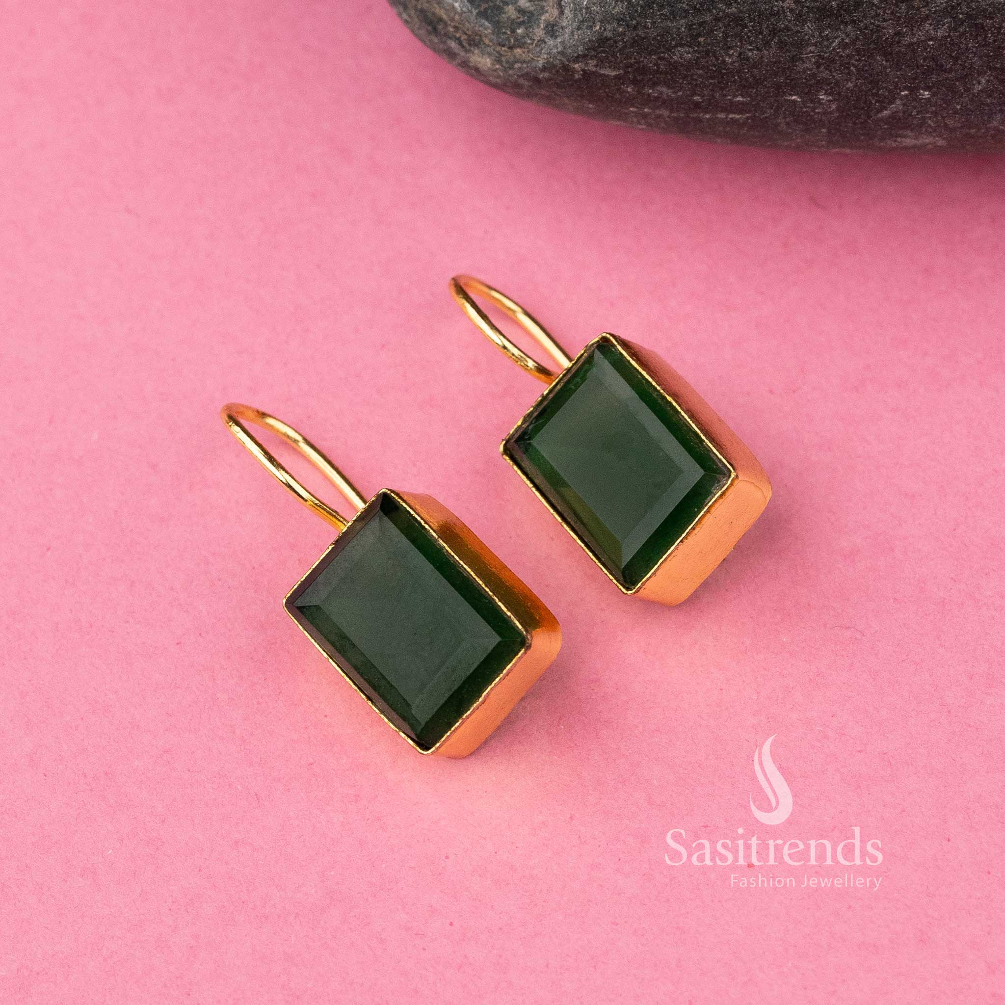 Trendy Gold Plated Green Monalisa Stone Fish Hook Earrings