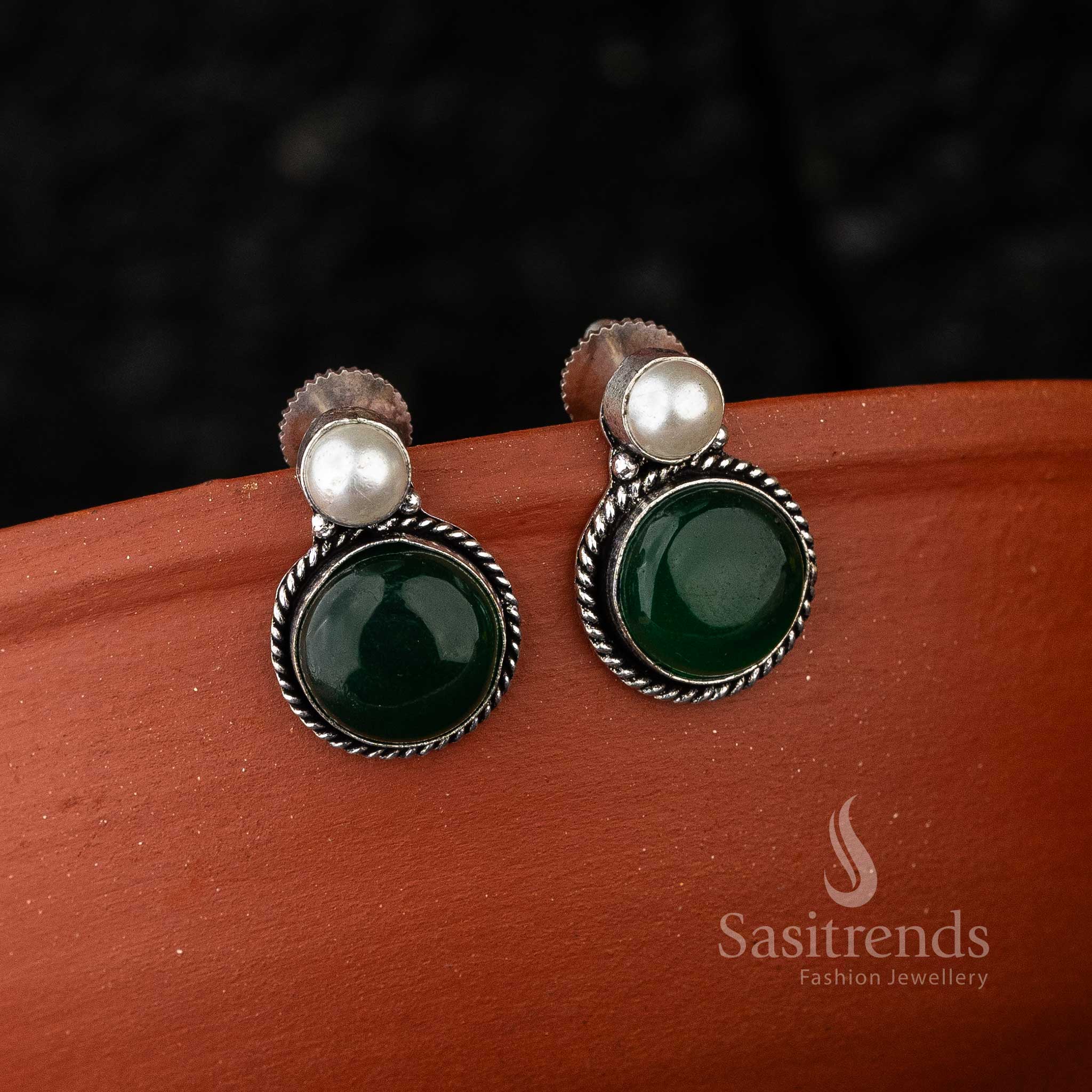 Oxidised Green Stone Jewellery Earrings for Festive Wear