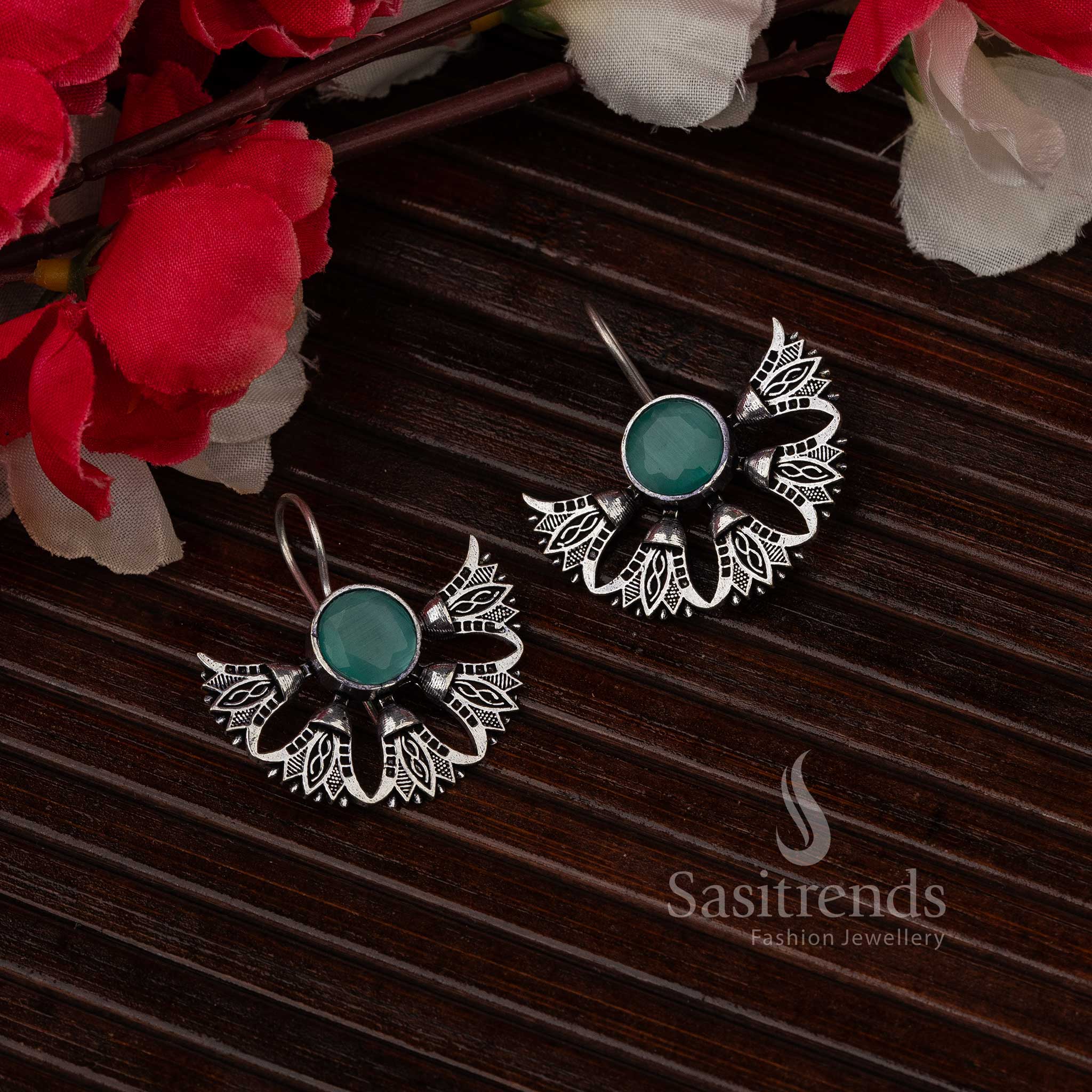 Trendy Oxidised Mint Stone Stud Earrings Sasitrends Online Shopping