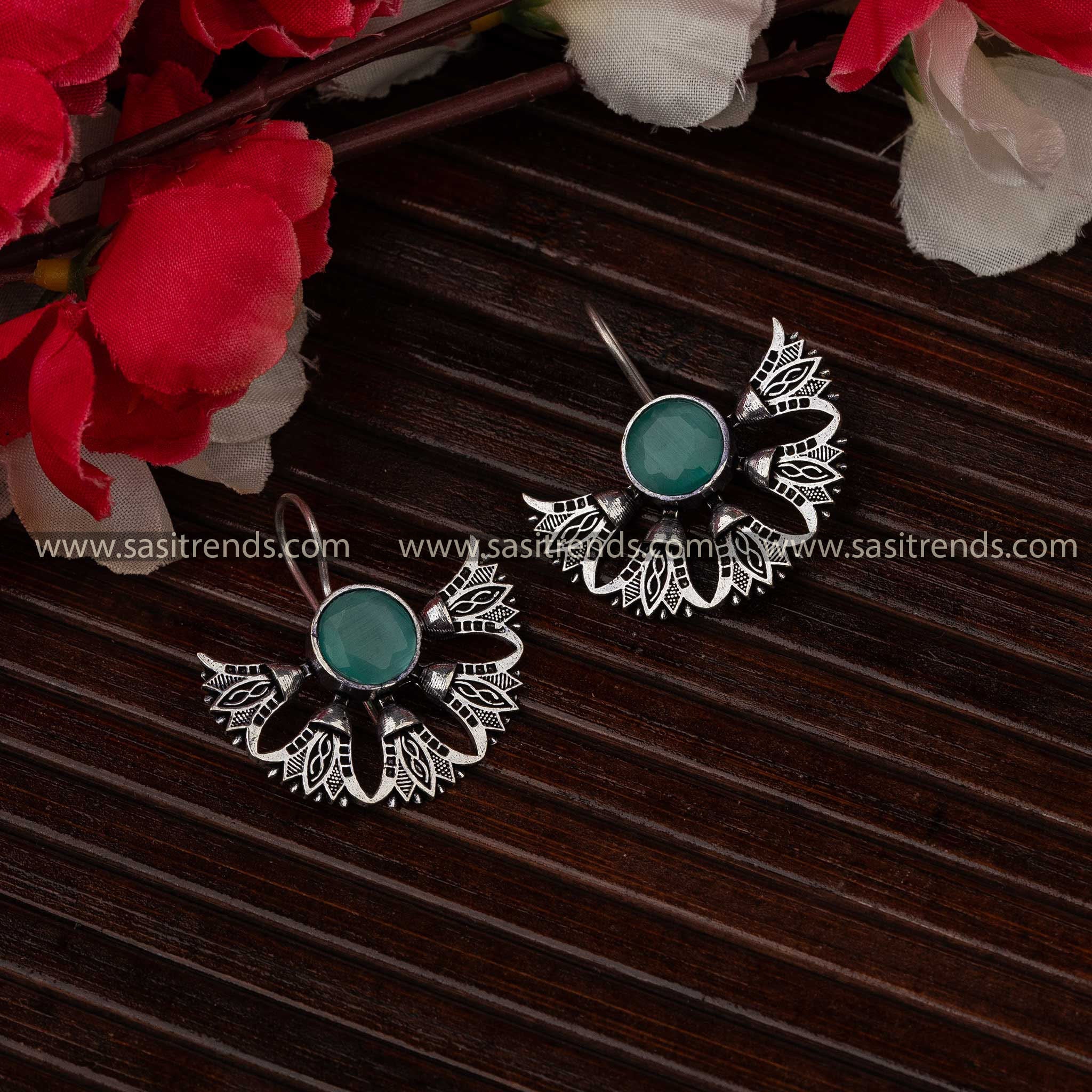 Trendy Oxidised Mint Stone Stud Earrings Sasitrends Online Shopping
