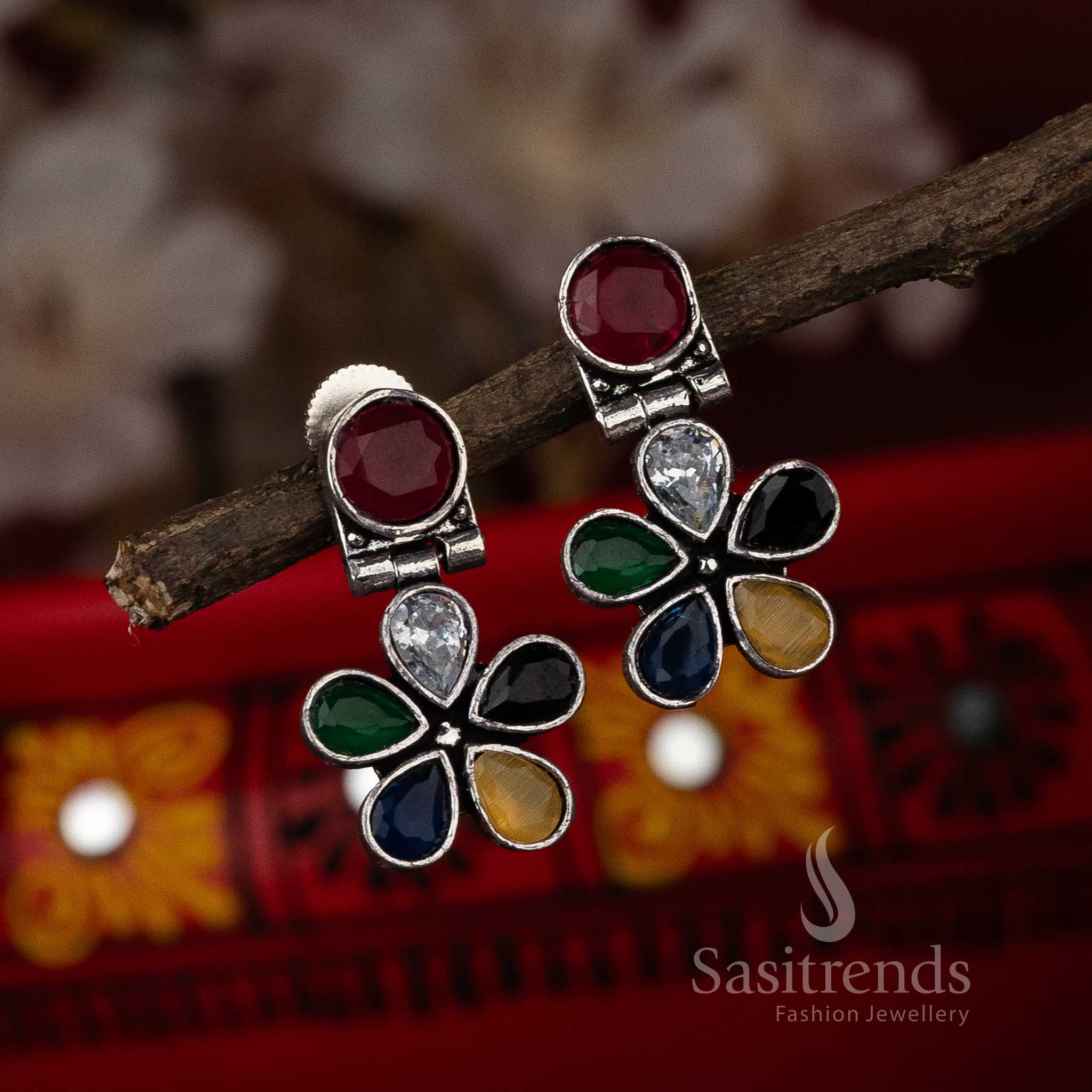Trendy Oxidised Multi Stone Stud Navarathiri Special Earrings Sasitrends Online Shopping