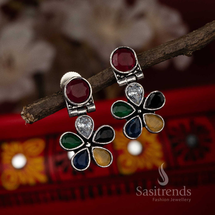 Trendy Oxidised Multi Stone Stud Navarathiri Special Earrings Sasitrends Online Shopping