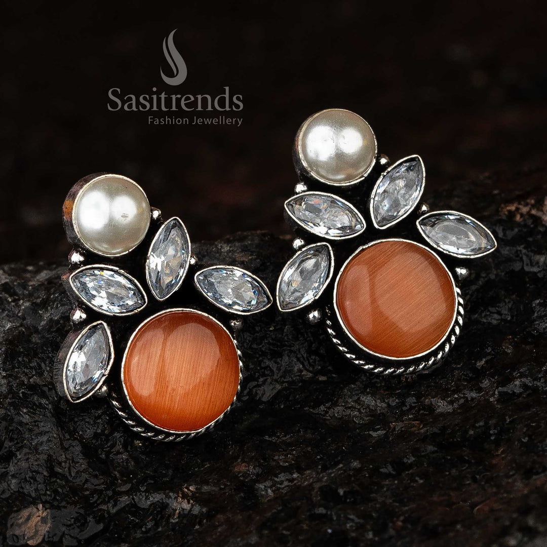 Oxidised Silver Earrings with Peach Monalisa Stone, Perfect for Navarathiri 