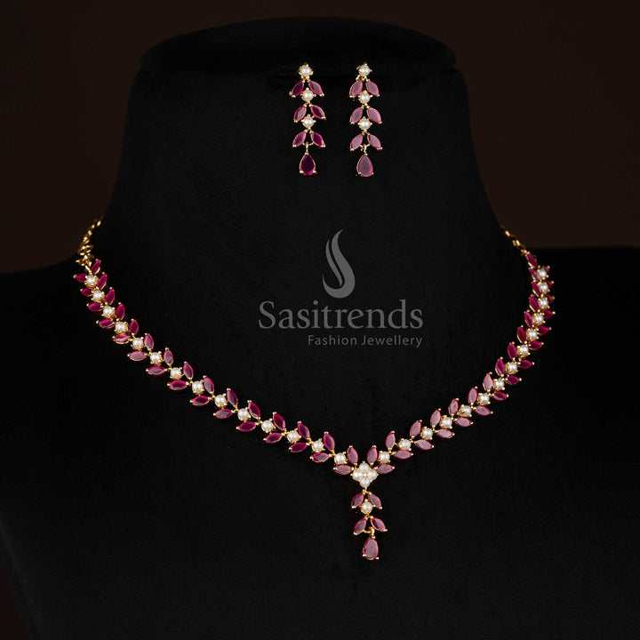 Guaranteed 24k micro gold plated american diamond pearl leaf motif ruby necklace set by Sasitrends