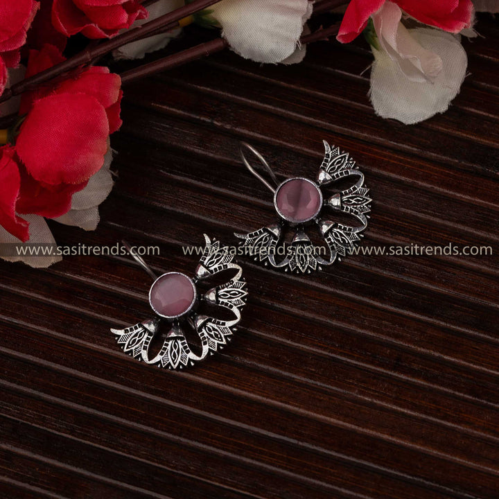 Pink stone oxidised earrings for Navarathiri celebrations, exquisite oxidised 