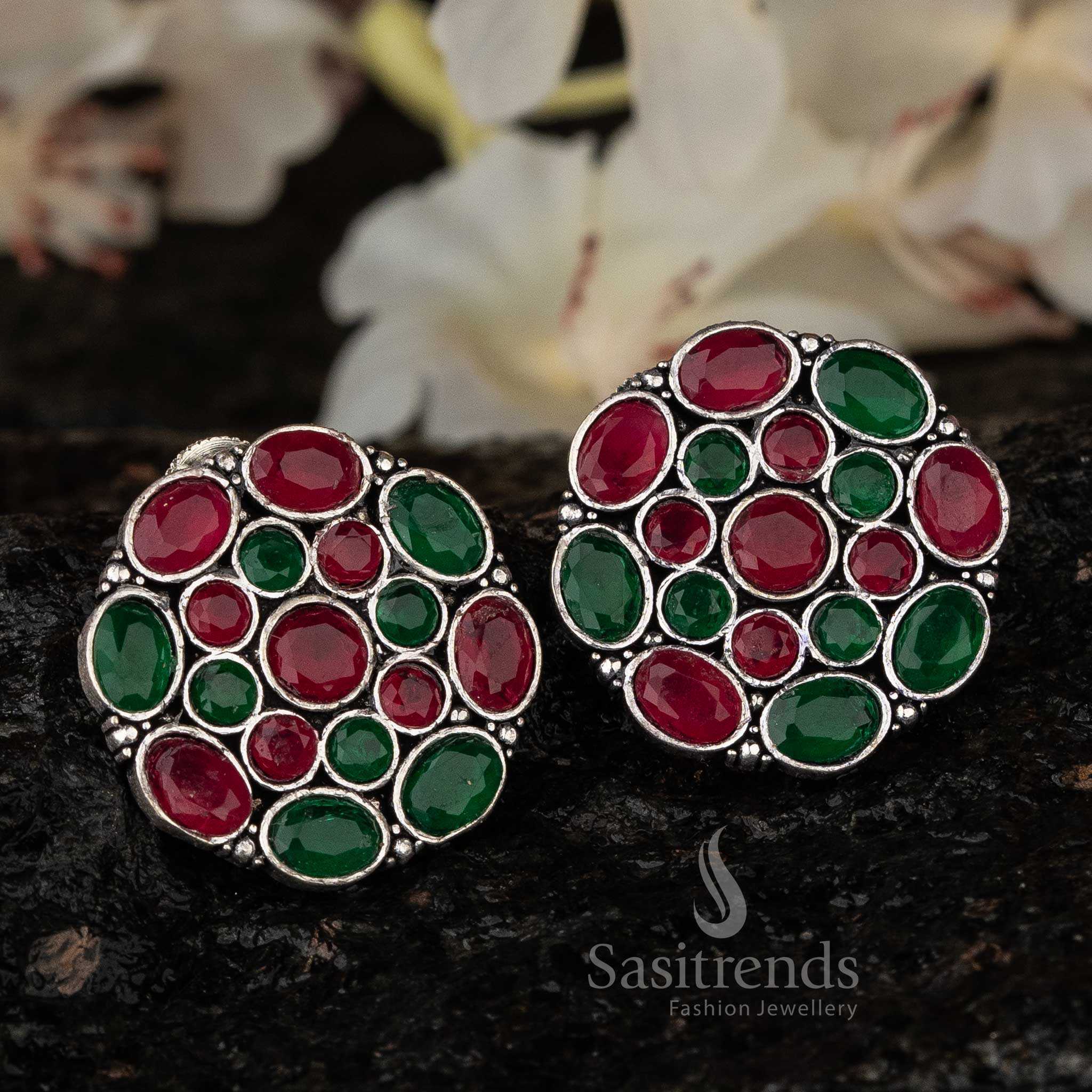 Ruby Green Oxidised Earrings, Festive and Bold