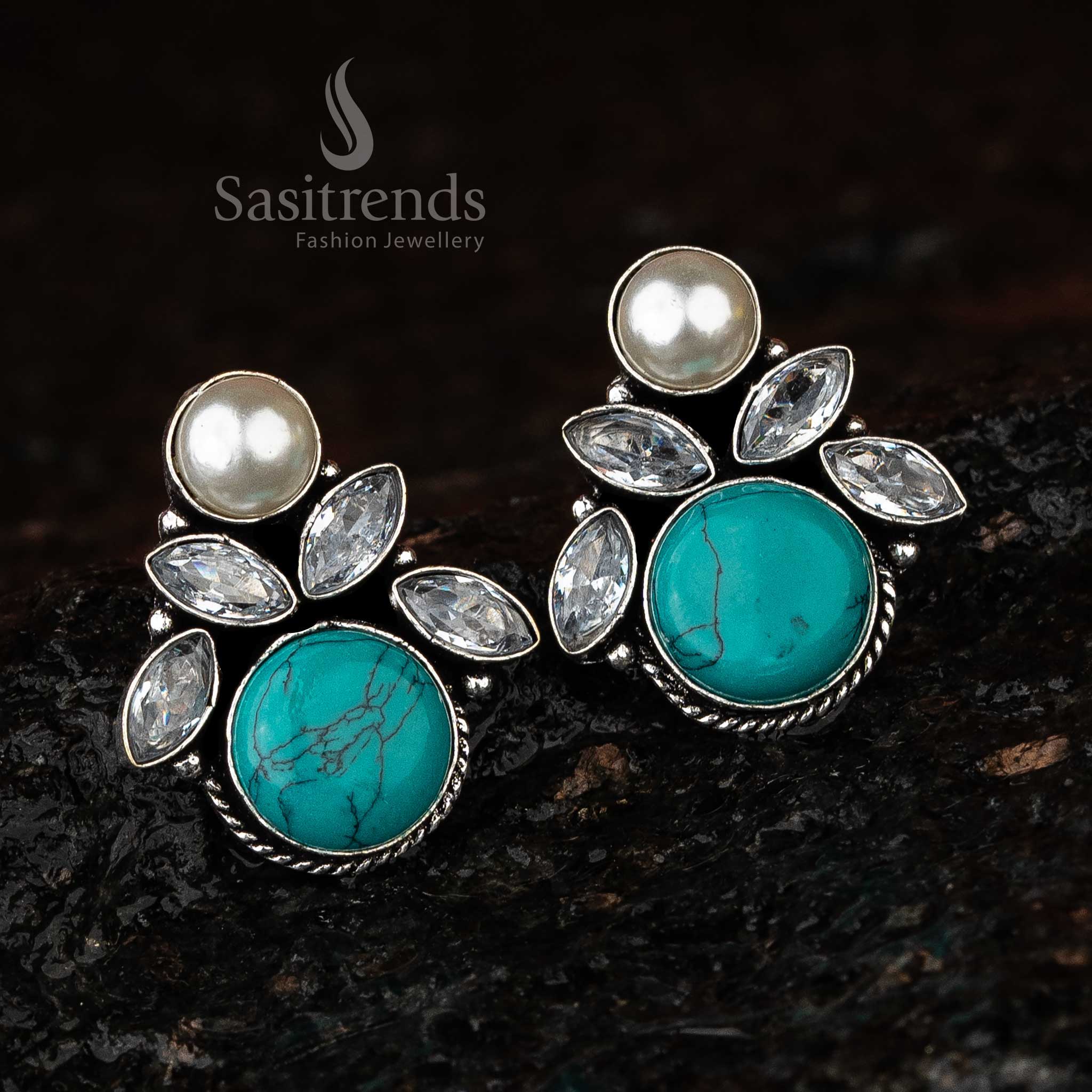 Turquoise Monalisa Stone Oxidised Earrings, Vibrant and Trendy for Festive Occasions