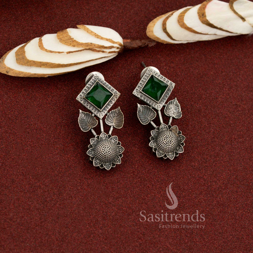 Verdant poise antique oxidised stone square and floral green earrings offering grounded elegance suited for professional meetings and everyday office wear – Sasitrends