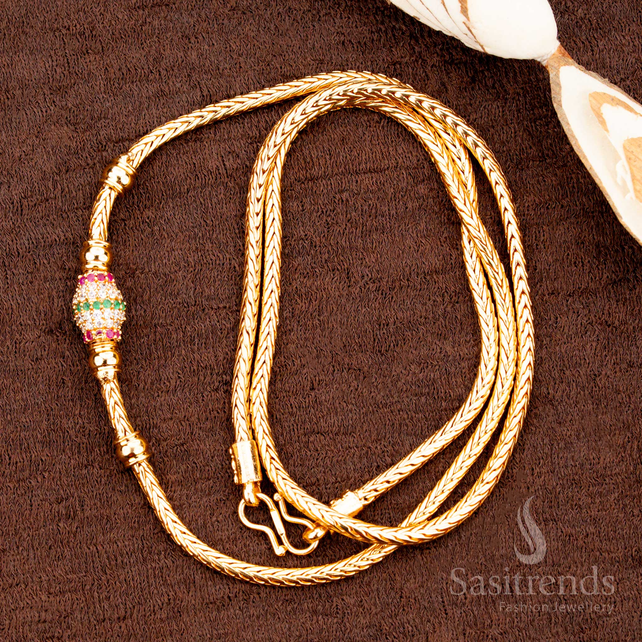 Colorful Mugappu chain featuring multi-tone oval ball design and glittering AD stone centerpiece with micro gold plating – sasitrends