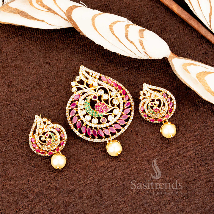 Regal peacock design micro gold plated pendant with multicolour AD stones and matching earrings, crafted for grand traditional looks and festive jewellery brilliance by Sasitrends