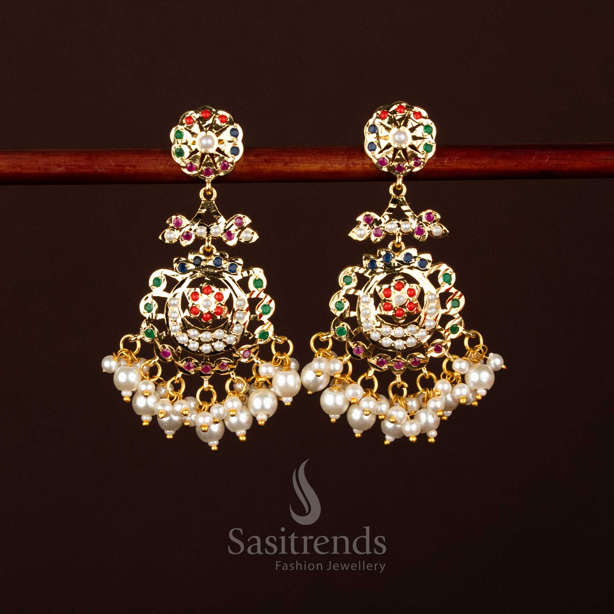 Exquisite Punjabi Jadau Navarathna Pearl Dangle AD Stone Earrings – Micro Gold Plated Festive & Traditional Indian Jewellery for Cultural Celebrations – Sasitrends
