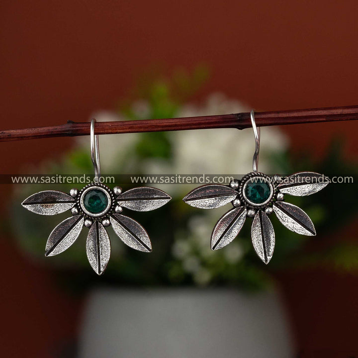 Vintage Floral Oxidised Silver Earrings with Stones - Sasitrends