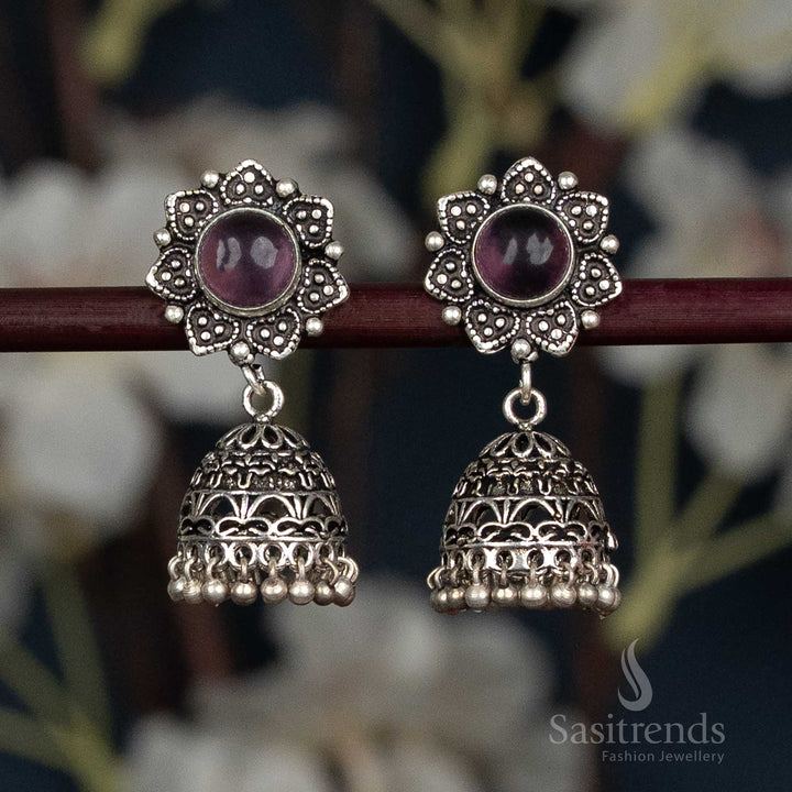 Antique-style oxidised stud Jhumka earrings adorned with deeply etched dome motifs and dainty ball hangings, offering a classic artisanal jewellery design perfect for daily wear and cultural celebrations – Sasitrends