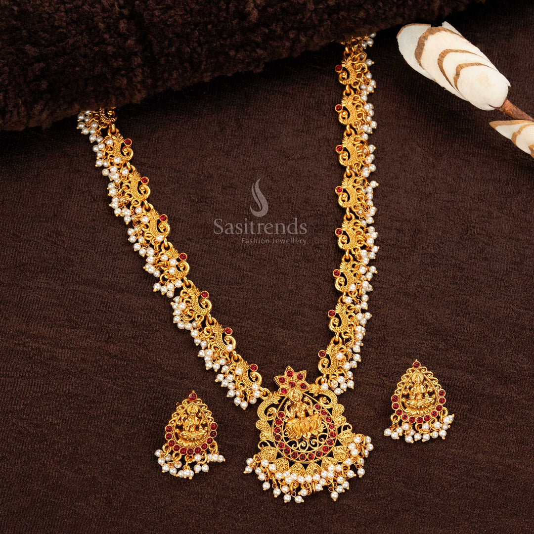 Exquisite Classic Temple Matte Gold Plated Long Haram Necklace Jewellery  Set with Lakshmi Pendant and Jhumka Earrings Sasitrends