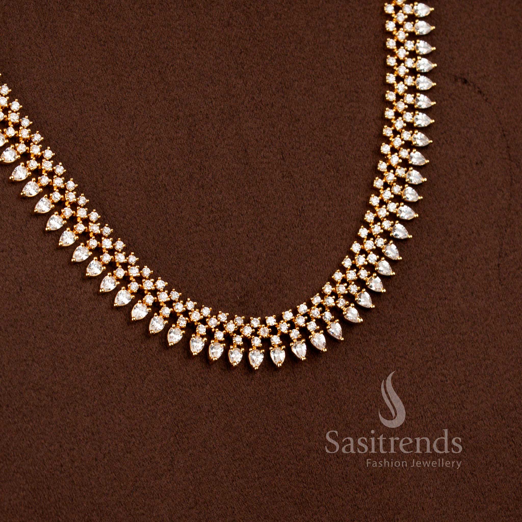 Attractive long white American Diamond micro gold plated marquise cut teardrop necklace set adorned with shimmering white stones, crafted for celebratory wear and elegant occasions – Sasitrends