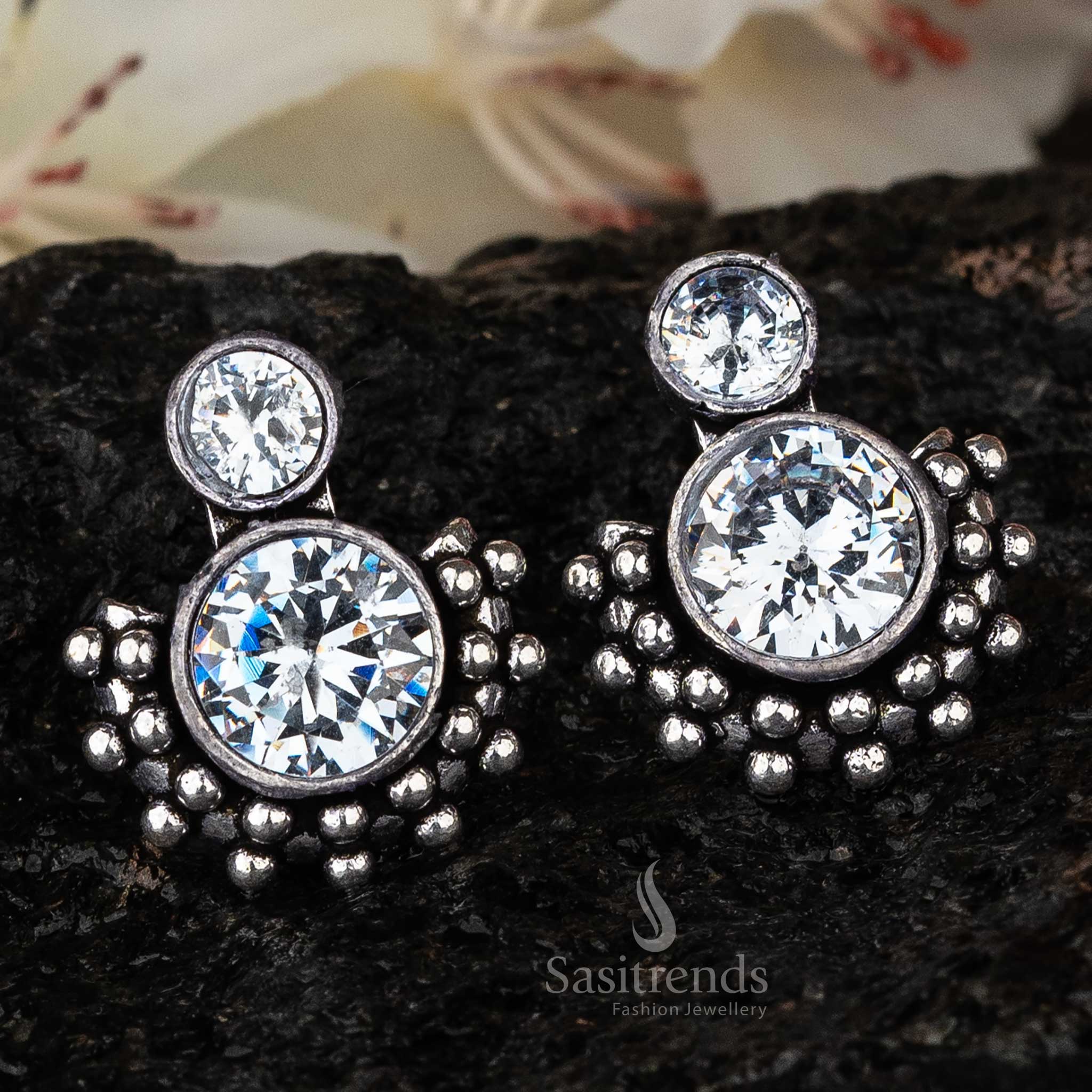 Crystal Clear White Gemstone Oxidised Earrings - Sparkling Navarathiri Jewellery by Sasitrends