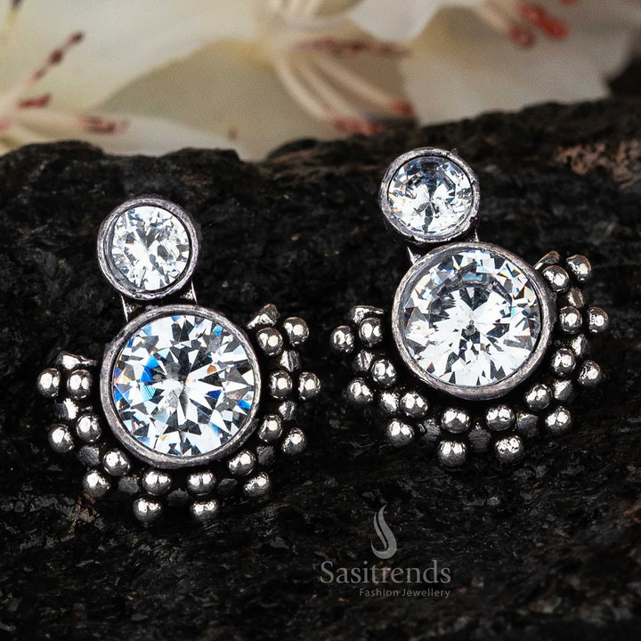 Crystal Clear White Gemstone Oxidised Earrings - Sparkling Navarathiri Jewellery by Sasitrends