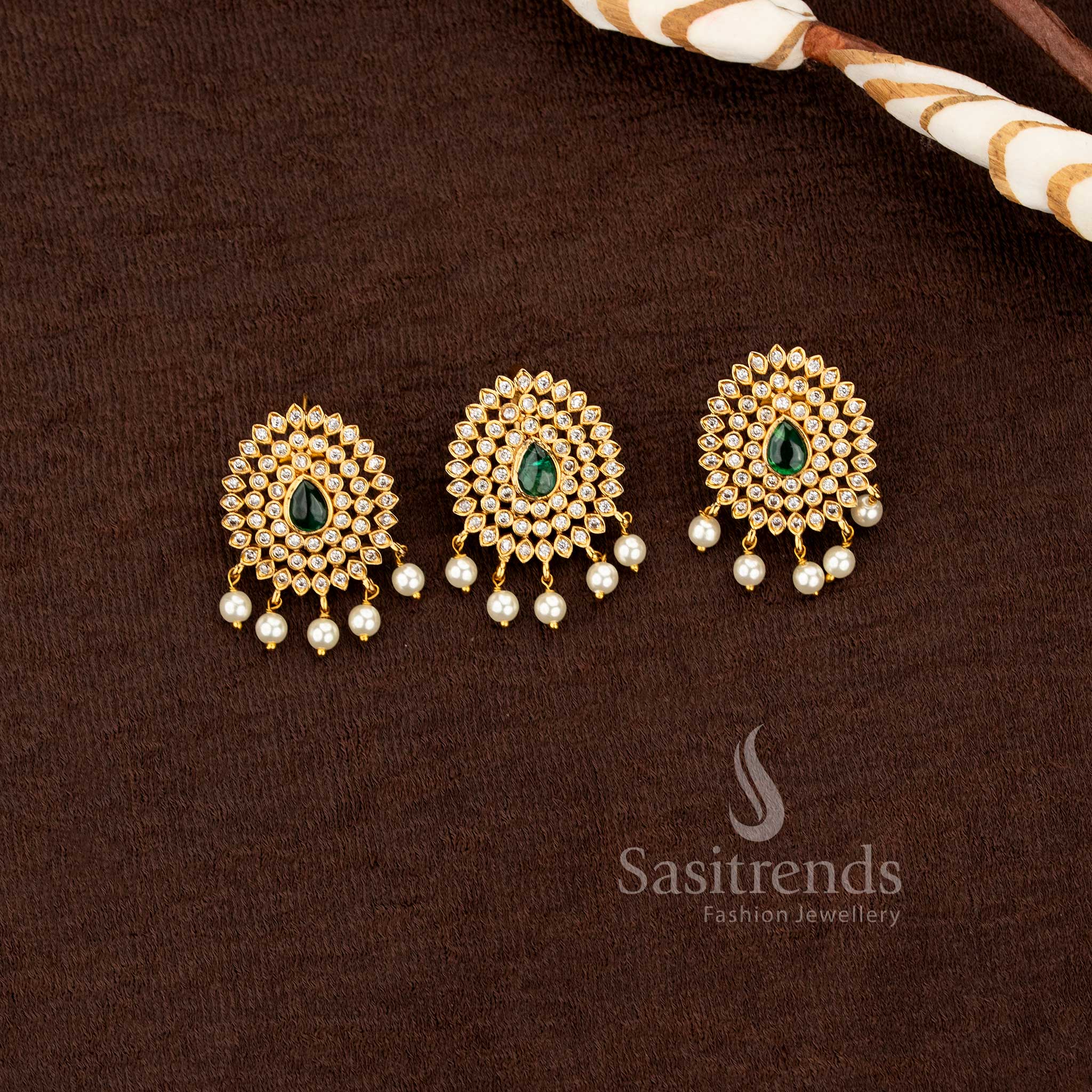 attractive traditional matte finish circular ad stone studded pendant and earrings set sasitrends