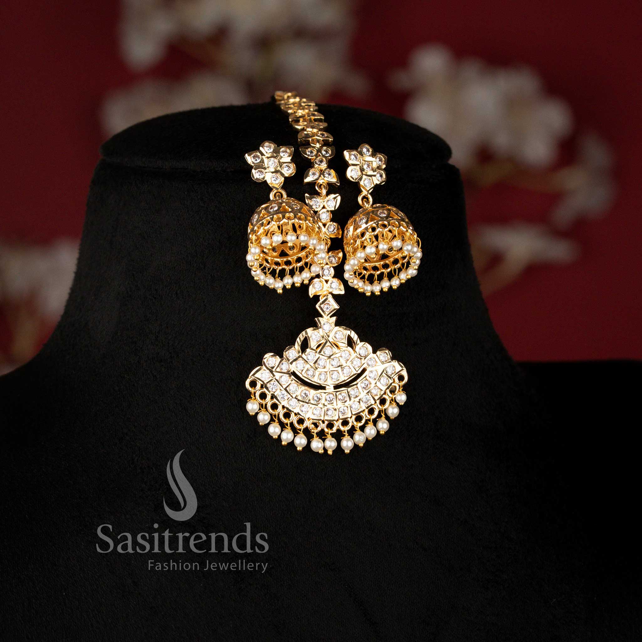 Guaranteed Impon Micro Gold Plated Rajamanga Bridal Addigai Short and Long Necklace Jewellery Set with Matching Jhumka Earrings and Tikka for Wedding Wear