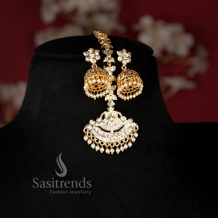 Guaranteed Impon Micro Gold Plated Rajamanga Bridal Addigai Short and Long Necklace Jewellery Set with Matching Jhumka Earrings and Tikka for Wedding Wear