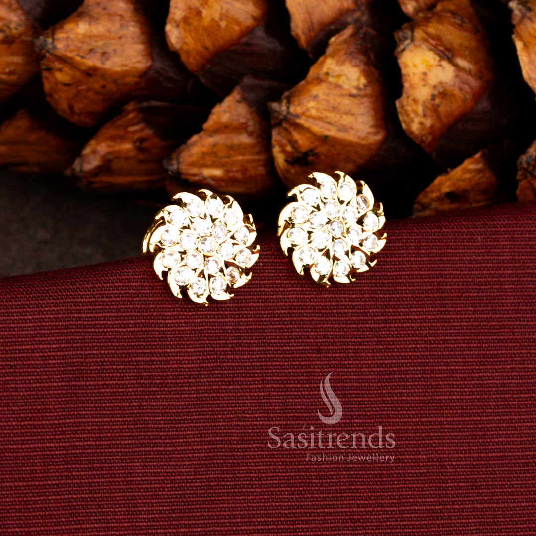 Radiant temple style floral sunburst screw stud earrings in white designed with Impon micro gold plated craftsmanship, perfect for wedding, festival and cultural occasion wear – Sasitrends