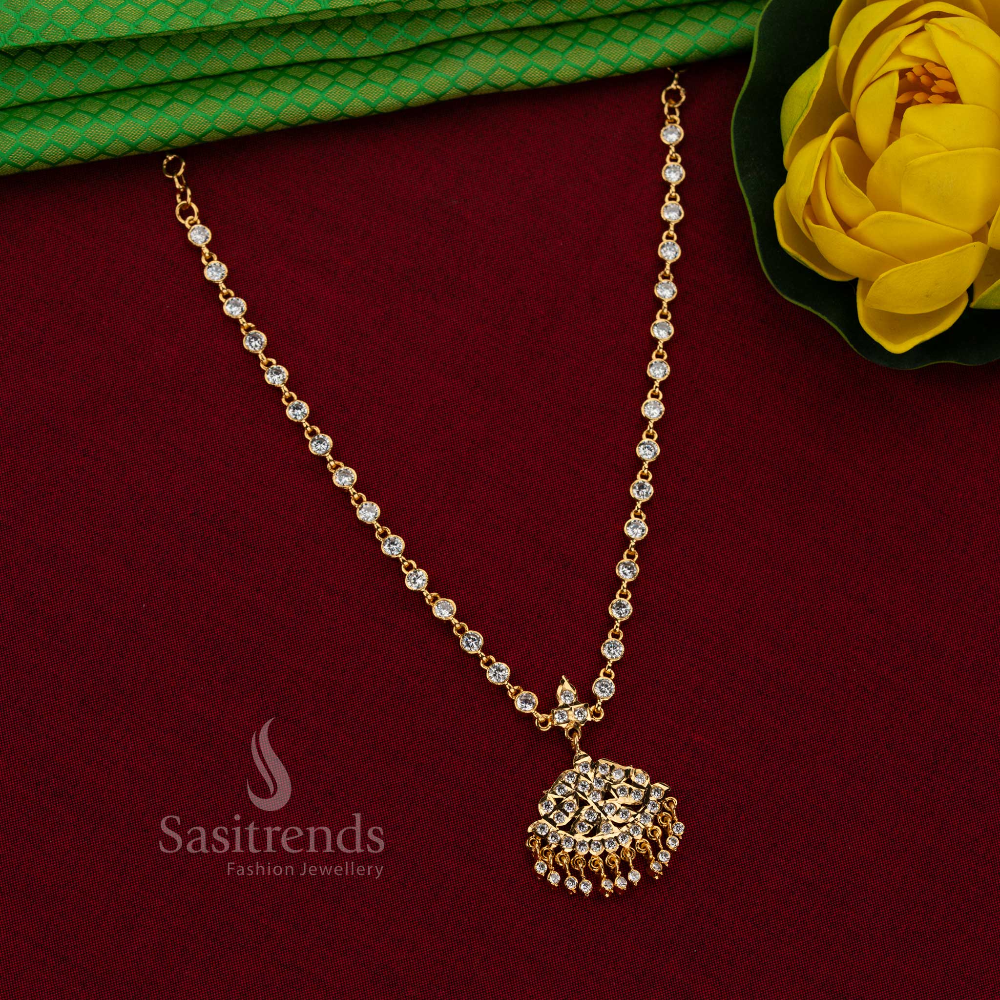 Elegant leaf flare impon attigai micro gold plated round AD stone linked chain necklace white with one gram finish for weddings and temple wear – Sasitrends