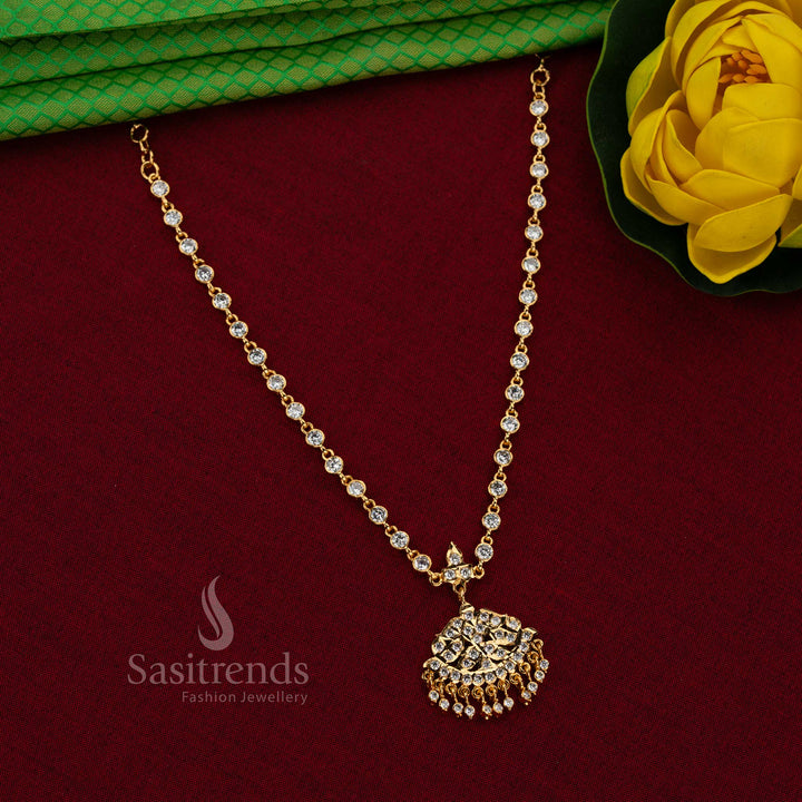 Traditional Impon Attigai Micro Gold Plated Round AD Stone Linked Chain Necklace with Leaf Flared Silhouette Pendant – Guaranteed