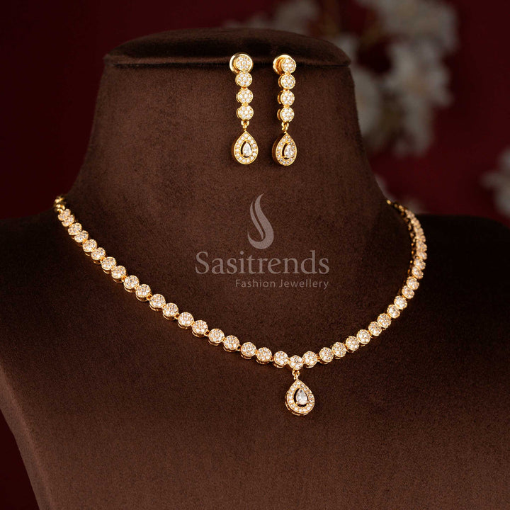 Beautiful Micro Gold Plated American Diamond Circular Necklace Set with Teardrop Pendant – One Gram Jewellery with 24 Carat Gold Finish