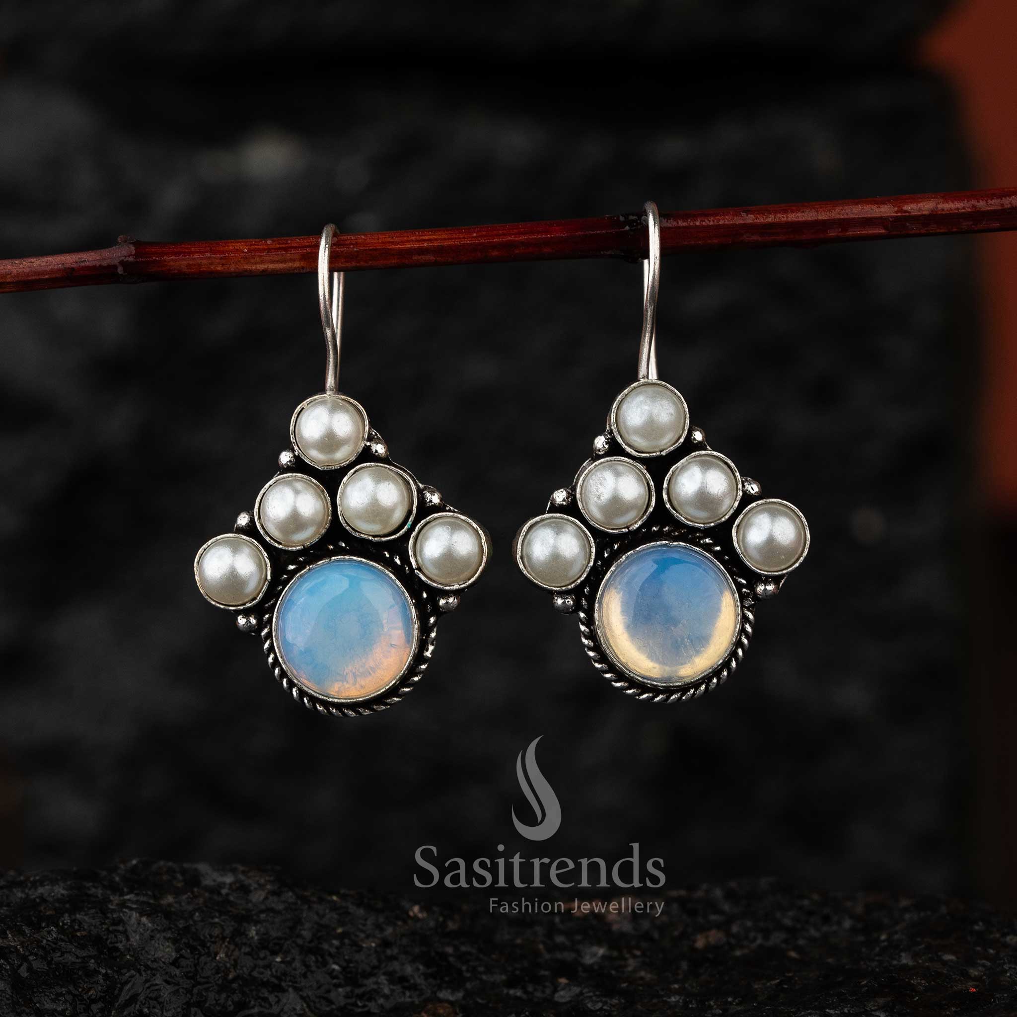 Oxidised Silver Earrings with White Monalisa Stone, Perfect for Latest Fashion Trends