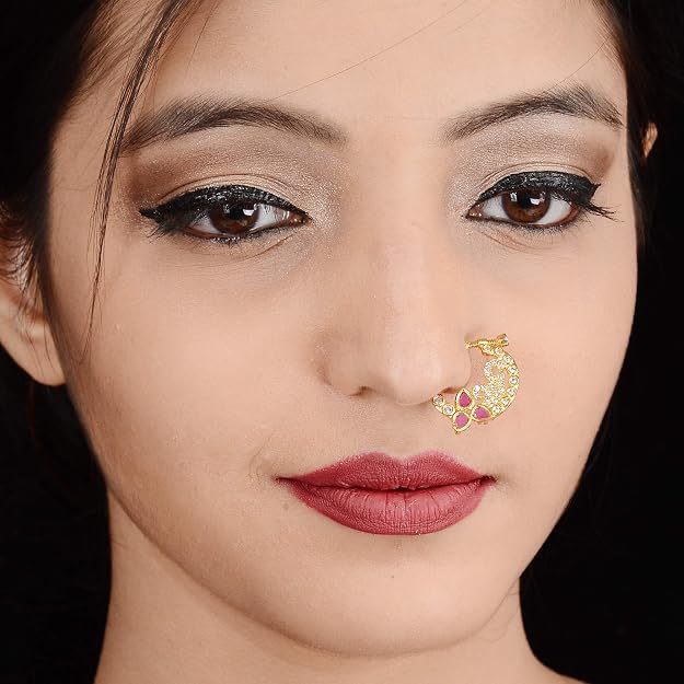 Detailed peacock AD stone crescent nosepin with colourful gemstone detailing - Sasitrends