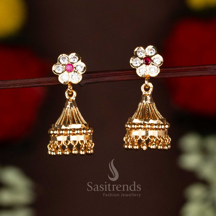Graceful Impon Micro Gold Plated Addigai Floral Ribbed Fringes Dome Bead Jhumka Earrings For Traditional Wear