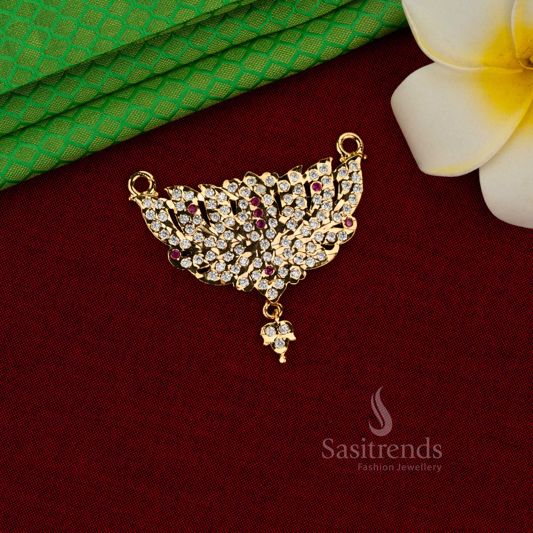 Radiant lotus impon micro gold plated AD stone pavé pendant necklace white ruby with one gram jewellery finish and 24 carat gold look for weddings and festive wear – Sasitrends