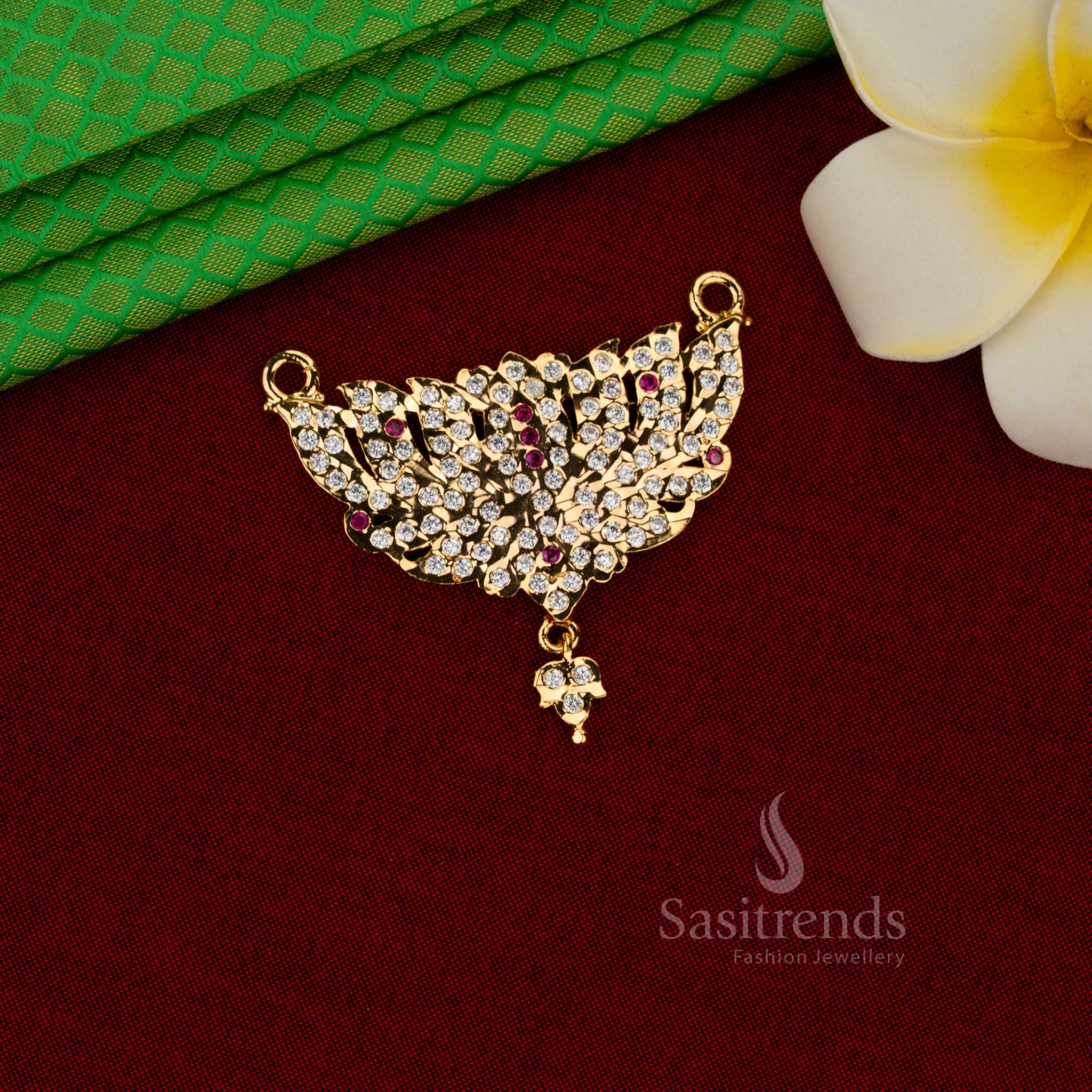 Radiant lotus impon micro gold plated AD stone pavé pendant necklace white ruby with one gram jewellery finish and 24 carat gold look for weddings and festive wear – Sasitrends