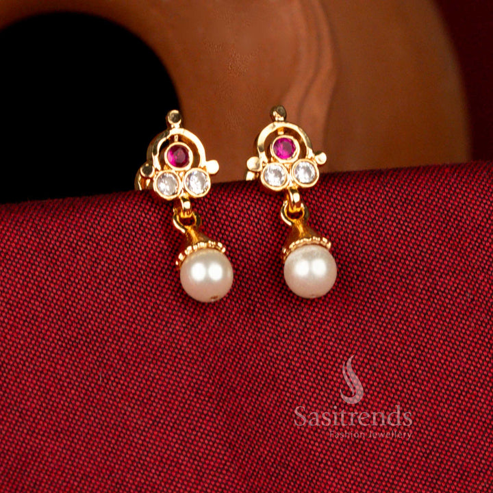 Graceful Impon Micro Gold Plated Triple Stone Pearl Drop Earrings – Guaranteed jewellery