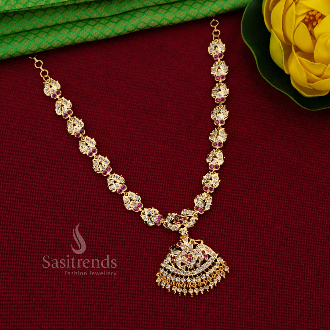 Elegant leaf link impon attigai micro gold plated floral pendant necklace white-ruby with guaranteed one gram finish for weddings and temple wear – Sasitrends