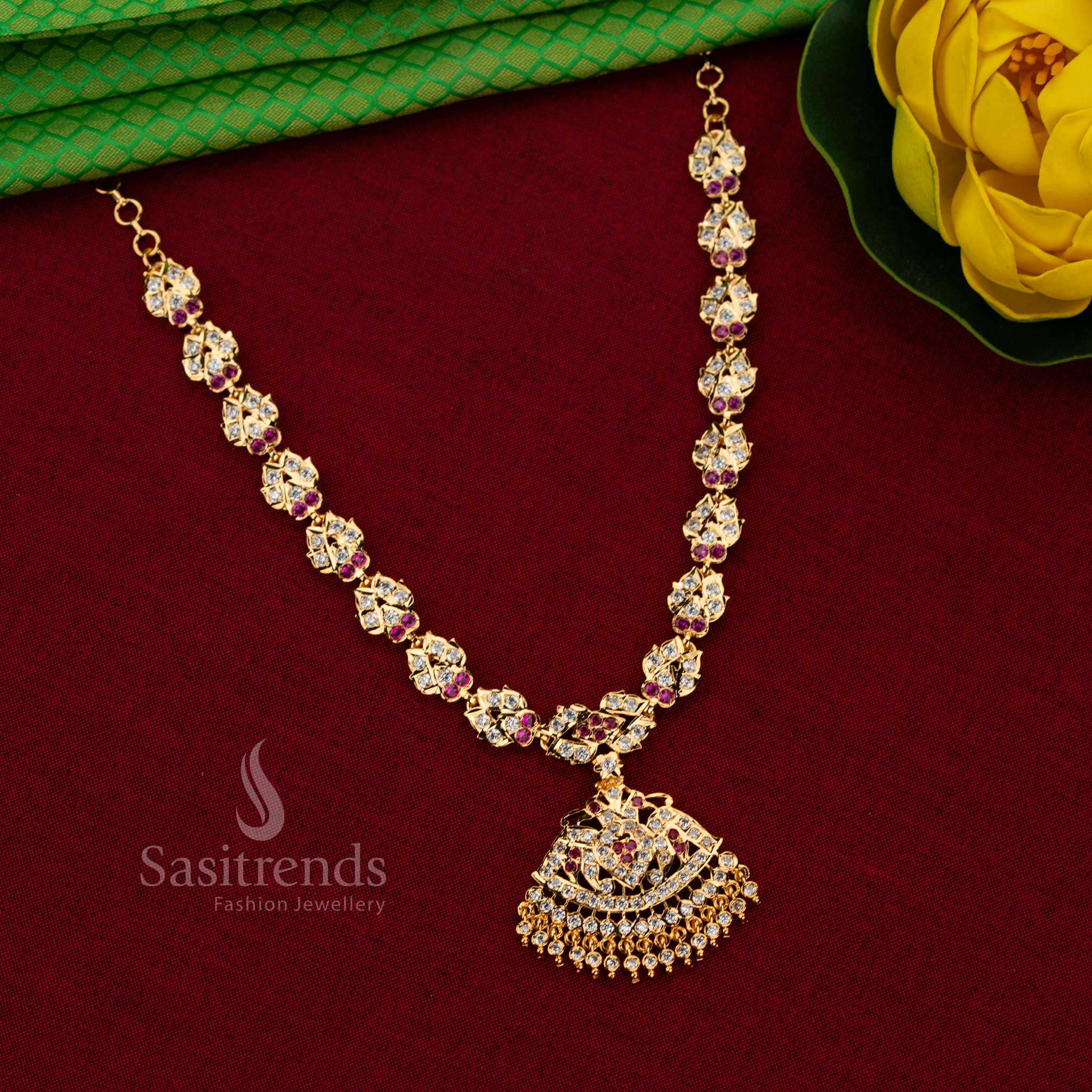 Elegant leaf link impon attigai micro gold plated floral pendant necklace white-ruby with guaranteed one gram finish for weddings and temple wear – Sasitrends