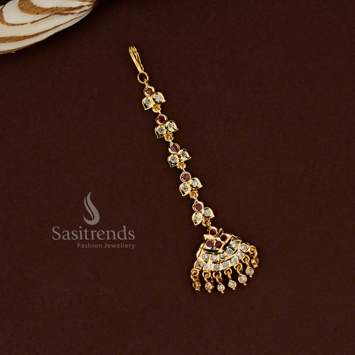Heritage inspired white ruby combination tribal style Impon micro gold plated AD maang tikka suitable for bridal beauty festive wear and celebration jewellery styling - Sasitrends