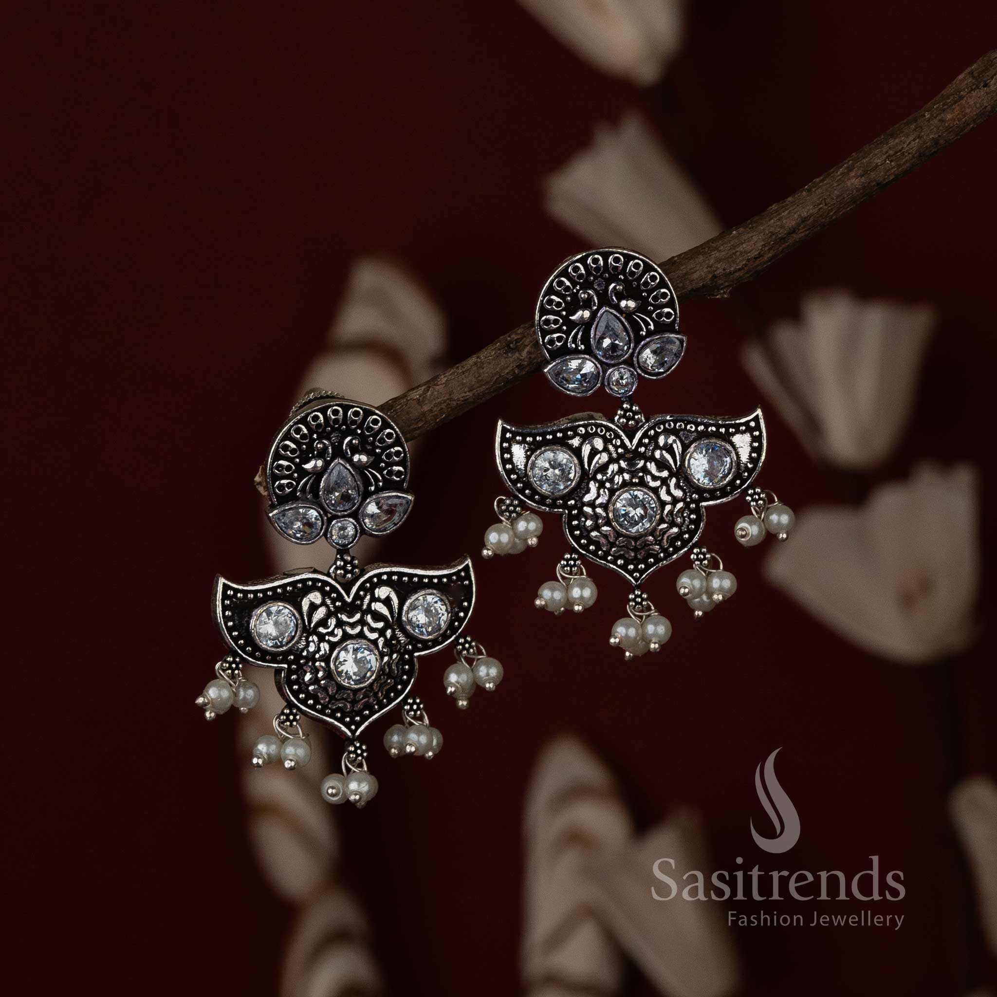 White Stone Oxidised Peacock Earrings Perfect Traditional Wear Sasitrends Online Shopping