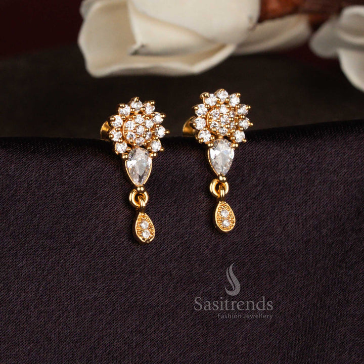 American Diamond Micro Gold Plated Sunburst Floral Dangle Earrings for Celebrations, Parties