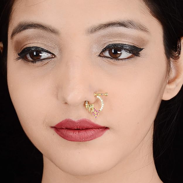 Gold plated non-piercing ruby emerald and American Diamond nosepin for women - Sasitrends