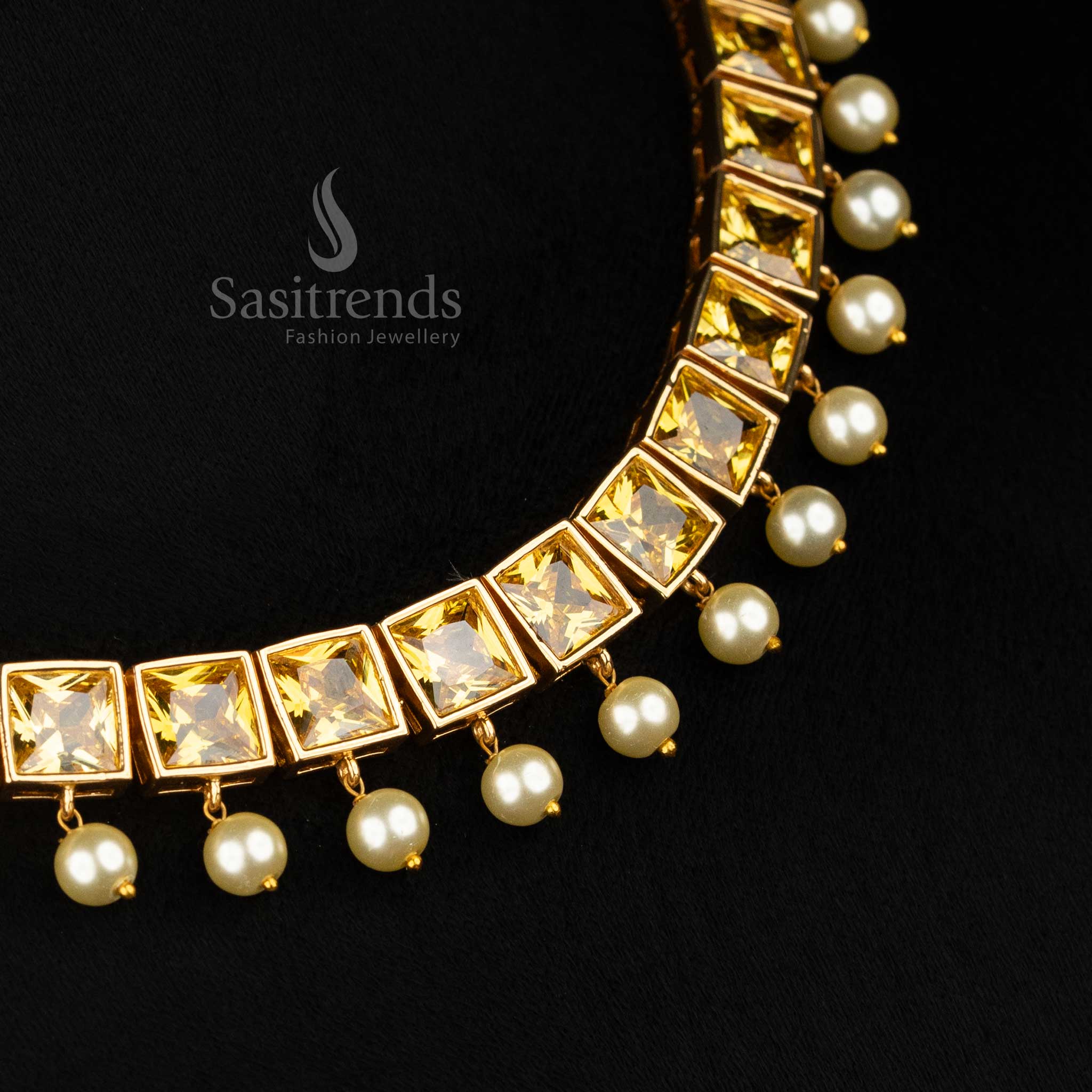 Micro gold plated yellow AD necklace featuring soft pearl drops, perfect for opulent functions, party dressing and bridal elegance – Sasitrends