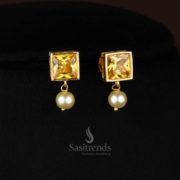BIG yellow square AD earrings with delicate pearl accent giving an elegant ethnic and celebratory appearance – Sasitrends