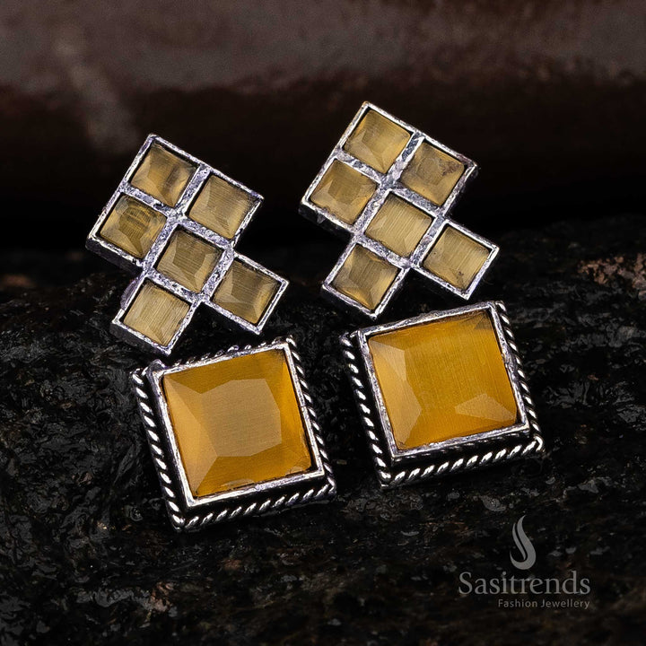 Yellow Oxidised Square Stone Earrings Celebrate Navarathiri Occasion Sasitrends Online 