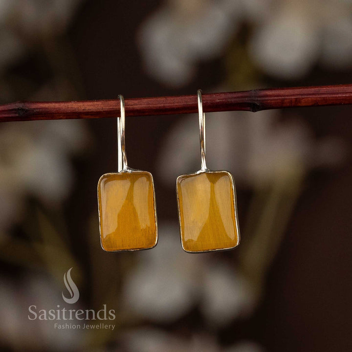 Yellow Stone Oxidised Rectangular Designer Fish Hook Earrings Sasitrends Online Shopping