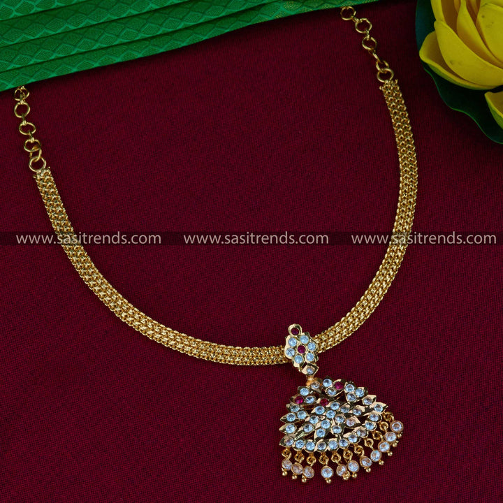 Elegant Traditional Gold Plated Attigai Necklace with American Diamond Stones | Sasitrends