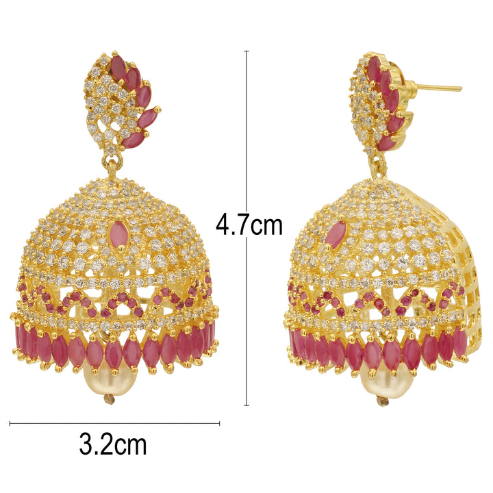 Handcrafted micro gold plated jhumka earrings with white and ruby AD stones in a layered dangling style, perfect for traditional wear - Sasitrends
